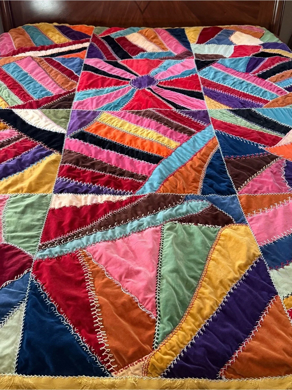 Vintage Crazy Patch Velvet Quilt 66x84 Hand Embroidered Boho Victorian